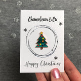 xmas tree pin badge, xmas tree enamel pin, xmas tree lapel ppin, xmas tree badge, chameleon and co, christmas tree, enamel pin, pin badge, lapel pin, hat badge