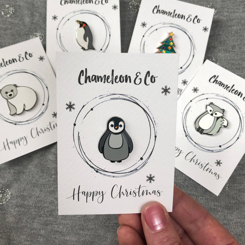 christmas pin, xmas enamel pin, christmas pin badge, christmas badge, stocking filler, secret santa badge, cute penguin pin badge, festive badge, christmas jumper badge