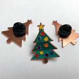 xmas enamel pin, xmas pin badge, christmas enamel pin, christmas badge, xmas tree with baubles jewellery, xmas tree copper badge