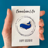 whale birthday gift. happy birthday pin badge, enamel pin birhtday gift, easy to post birthday gift, letterbox birthday gift, happy birthday gift for friend