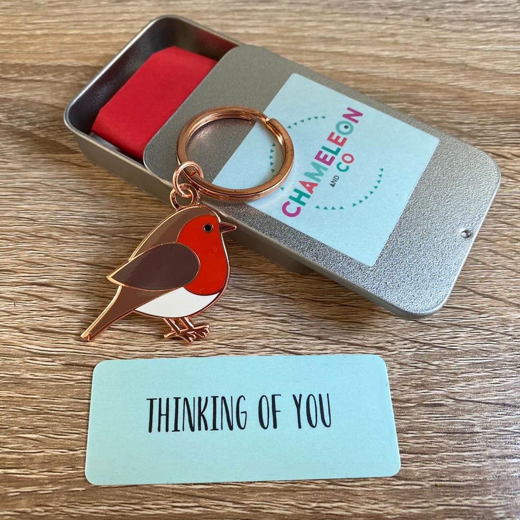 thinking of you robin keyring, thinking of you gift, lockdown gift, letterbox gift keyring, robin gift