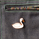 swan badge on bag, swan pin badge, bird enamel pin, enamel pin on bag, badge on denim bag