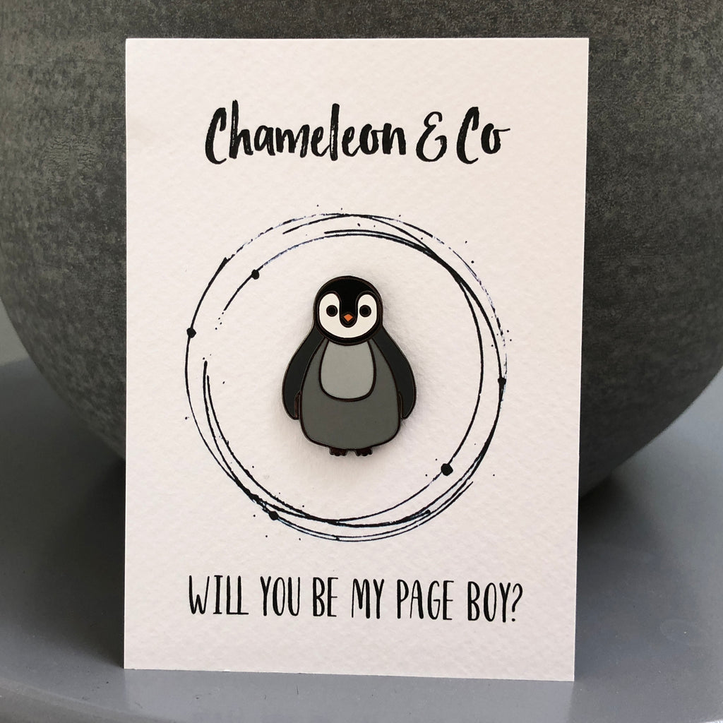 will you be my page boy penguin pin, page boy proposal, page boy badge