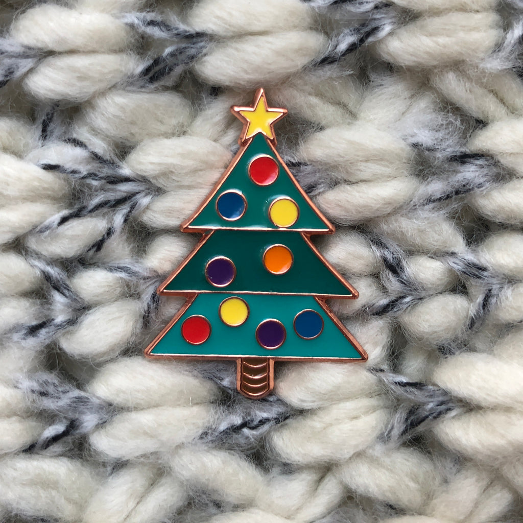 christmas badge, christmas tree enamel pin, christmas jumper badge, christmas accessory, stylish christmas accessory, tasteful christmas accessory, christmas pin